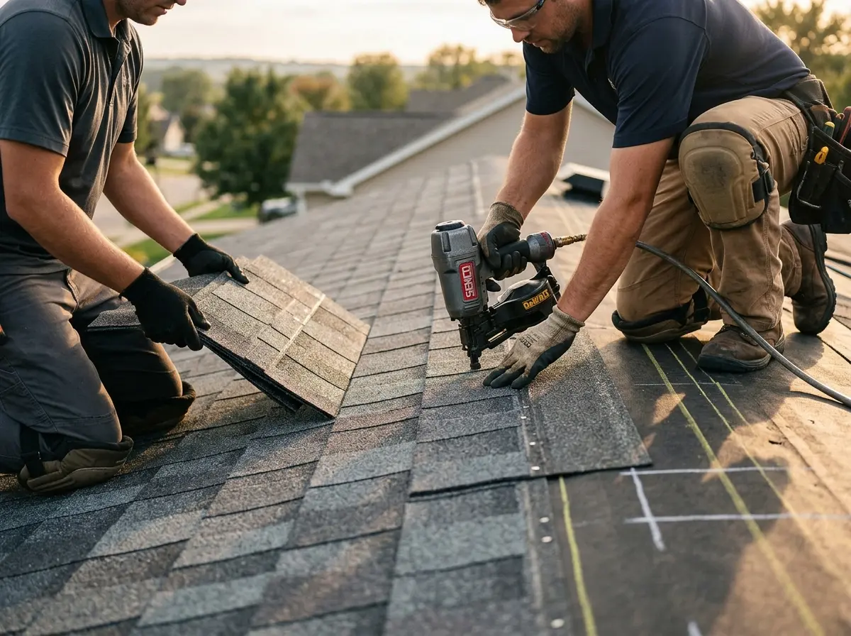 Professional roofer working on a residential roof in North Fayette